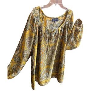 Womans XL Jones New York Signature V- neck Blouse Ties at Neck Gold and Brown .